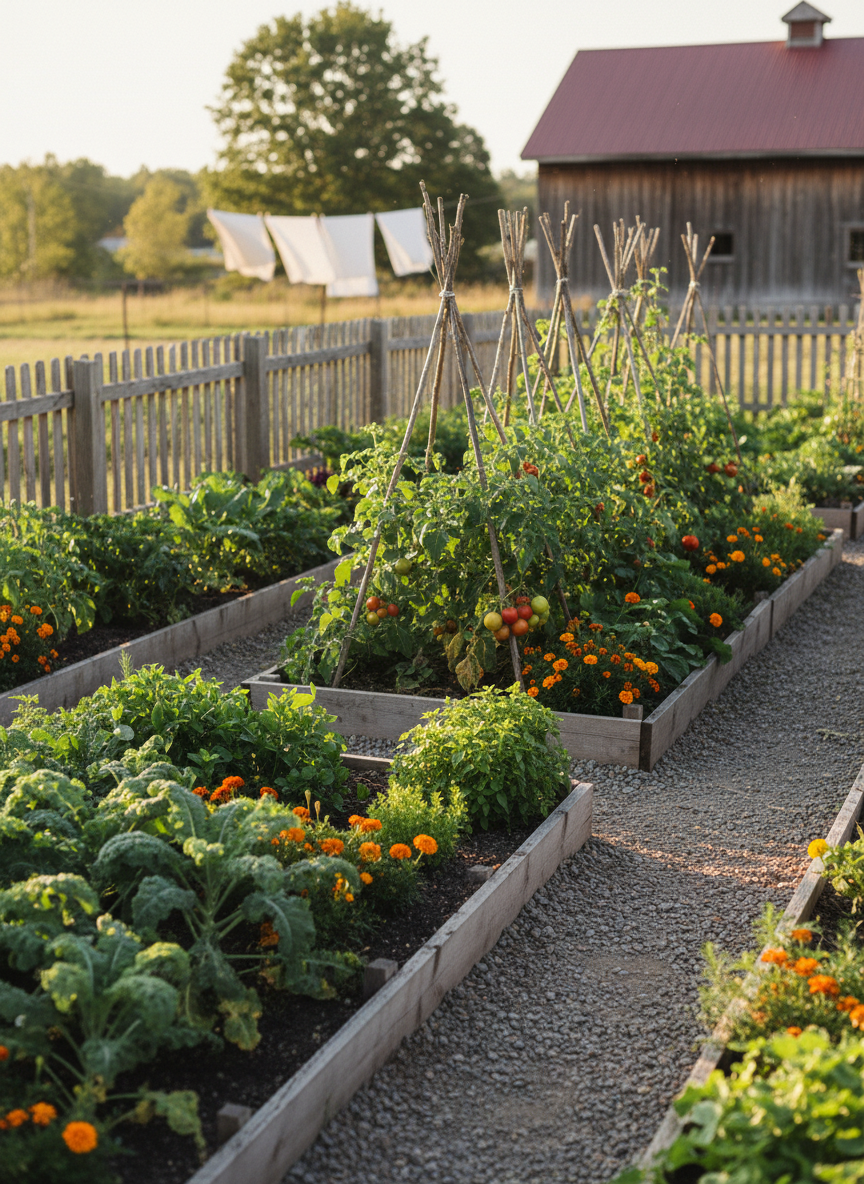 An expansive vegetable garden bordered by rustic wooden fencing, with raised beds overflowing with kale, tomatoes on trellises, herbs, and marigolds for companion planting. Rich, dark soil contrasts with the lush green foliage and the muted tones of weathered cedar boards. In the distance, a modest barn and clothesline are softly blurred. Captured in warm late-afternoon golden hour light, the sun casts long, gentle shadows and creates a soft glow along the edges of leaves. Photographic realism, shot from a slightly elevated angle using the rule of thirds to emphasize the orderly yet abundant layout. The mood is peaceful and industrious, reflecting the everyday work of a self-sufficient homestead.