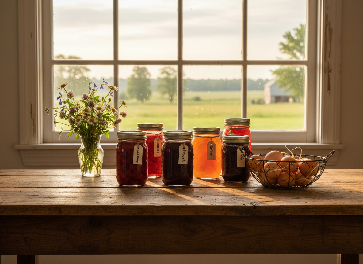 A weathered farmhouse kitchen table made from knotty pine boards, its surface marked by years of use, holds a neat arrangement of canning jars filled with jewel-toned preserves, brown eggs in a wire basket, and a small vase of wildflowers. The table sits near a large window framed in white-painted wood, looking out to blurred pasture and trees. Soft morning sunlight pours in, creating gentle highlights on the glass jars and subtle shadows in the wood grain. Photographic realism, eye-level composition with shallow depth of field keeps the table in crisp focus while the background fades into creamy bokeh. The mood is calm, grounded, and hopeful, evoking simple living on a working homestead.