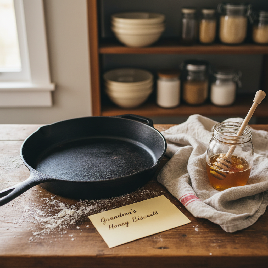A simple, well-worn cast iron skillet sits on a wooden countertop dusted with a light scattering of flour. Beside it rests a stained linen tea towel, a hand-written recipe card, and a jar of raw honey with a wooden dipper, all arranged in an inviting, slightly imperfect way. The background hints at open shelving with neatly stacked stoneware bowls and glass storage jars, softened into blur. Natural window light from the left creates soft, directional illumination, highlighting the skillet’s matte texture and the warm tones of the wood. Photographic realism, shot from a slightly overhead angle with shallow depth of field. The mood is nostalgic, practical, and comforting, suggesting from-scratch cooking in a busy homestead kitchen.