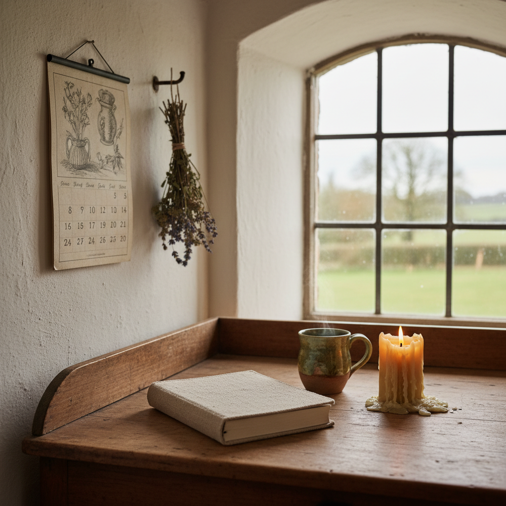 A small writing nook in a quiet corner of a farmhouse, featuring a simple wooden desk with a slightly uneven surface, a closed linen-bound journal, a ceramic mug of herbal tea releasing faint steam, and a single beeswax candle melted down one side. On the wall above, a vintage-style calendar and a sprig of dried herbs hang from a nail. Outside the nearby window, the forms of trees and fields are softly blurred. Diffused overcast daylight fills the space, with gentle, even shadows and a subdued palette of creams, browns, and soft greens. Photographic realism, eye-level composition with a cozy, intimate crop. The mood is reflective and steady, evoking quiet planning and processing in a season of widowhood and solo motherhood.