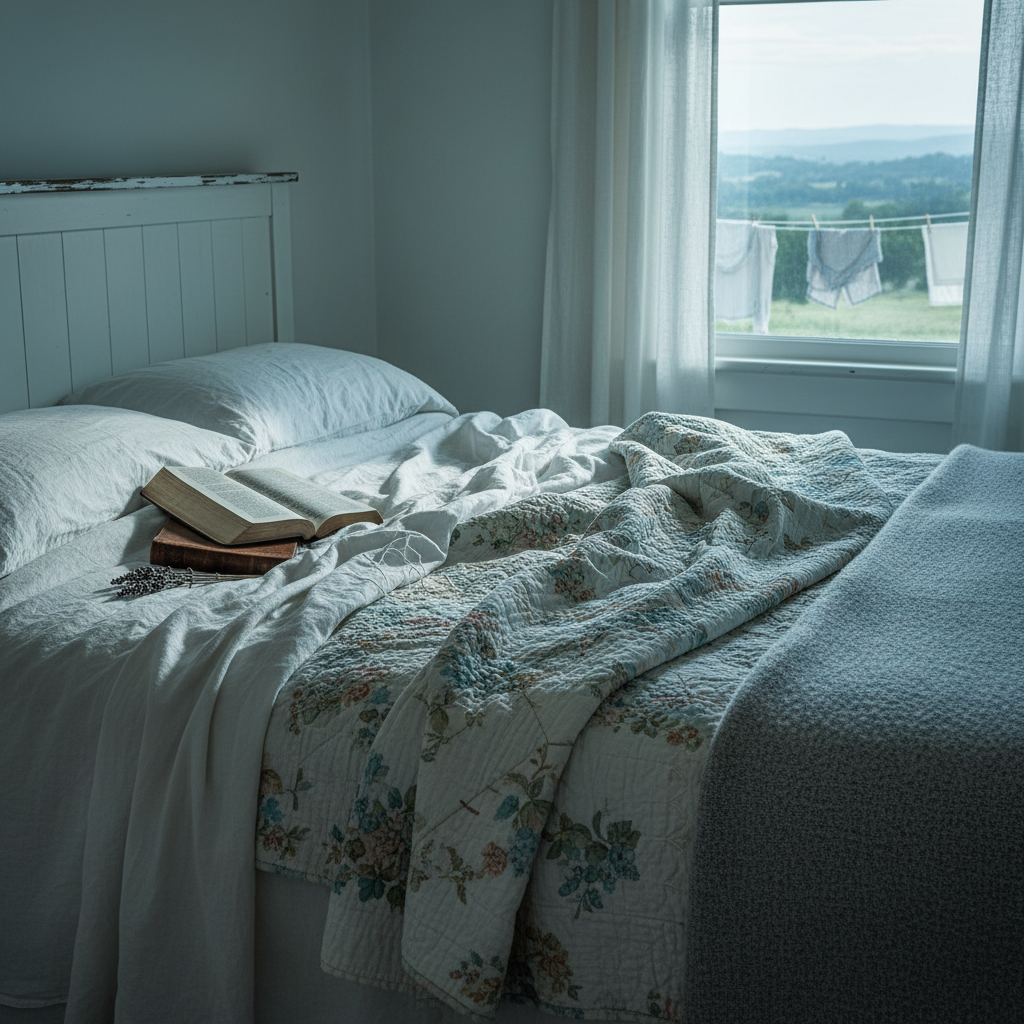 A freshly made, unmade bed in a farmhouse bedroom, layered with natural off-white linen sheets, a hand-stitched quilt in muted florals, and a wool blanket folded at the foot. A well-loved, slightly frayed Bible and a sprig of lavender rest near the pillow. The headboard is a simple panel of painted wood, slightly chipped at the edges. Through the nearby window, a glimpse of distant hills and a clothesline are softly out of focus. Early morning light filters in, cool and gentle, creating soft shadows in the linen’s wrinkles and a quiet glow along the quilt’s stitching. Photographic realism, shot at a slight diagonal from door height. The mood is tender, honest, and restful, hinting at both the weight and comfort of everyday life in a large, grieving family.