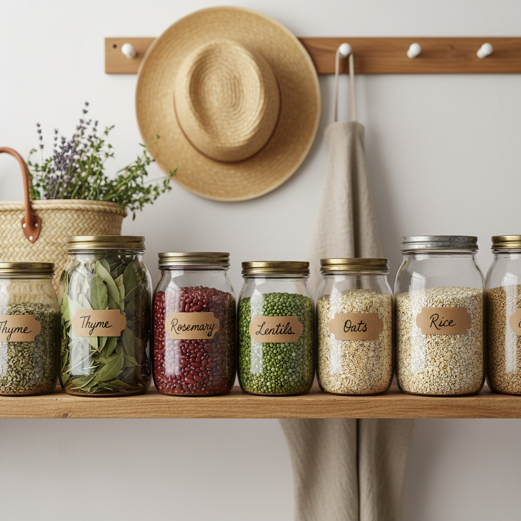 A row of sturdy glass storage jars filled with home-dried herbs, beans, and grains is lined up neatly on an open pine shelf. Each jar has a hand-lettered kraft paper label and a slightly different patina on its metal lid, showing regular use. A woven market basket rests at one end of the shelf, with a few sprigs of fresh thyme peeking out. The background shows the soft blur of a simple, whitewashed pantry wall and a peg rail holding a straw hat and linen apron. Gentle side light from an unseen window creates soft highlights on the glass and mild, pleasing shadows. Photographic realism, straight-on composition with sharp focus throughout. The mood is orderly, frugal, and reassuring, emphasizing preparedness and simple, natural living.